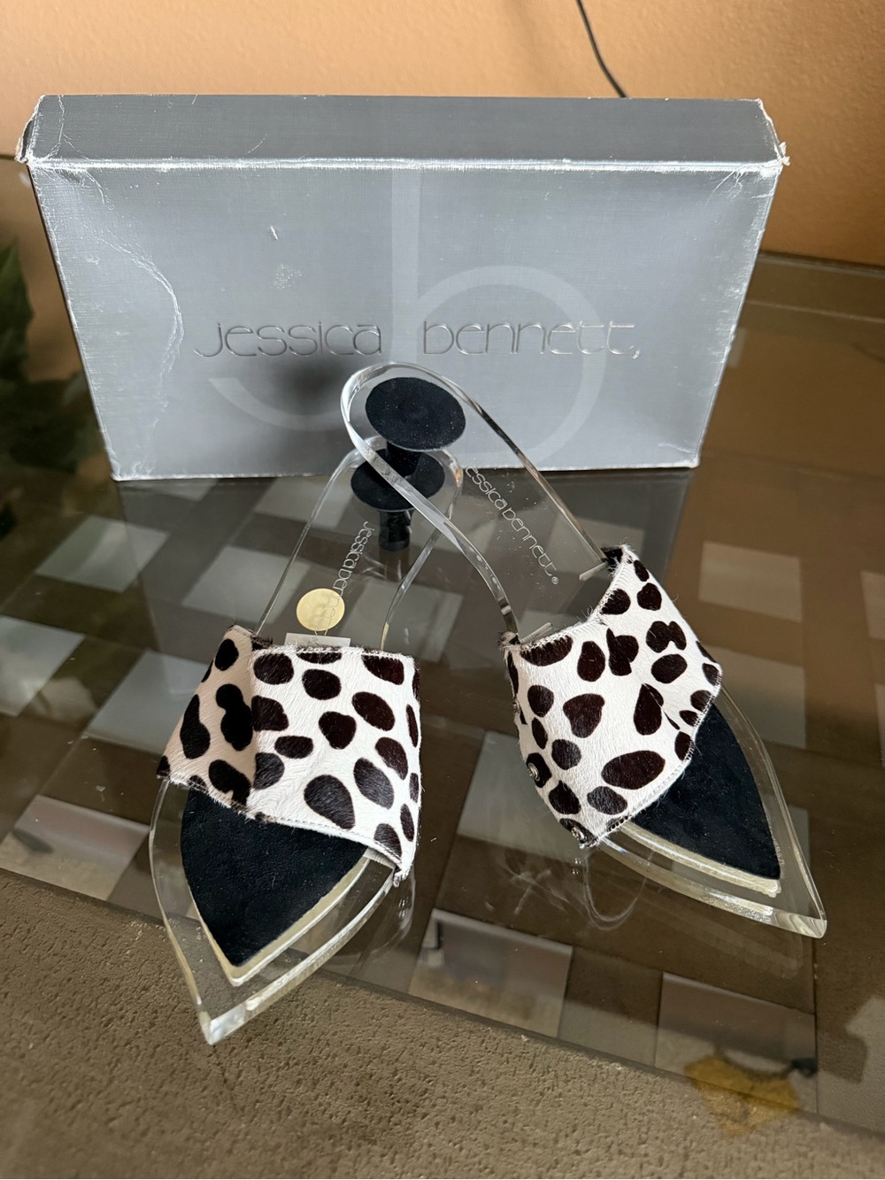 Jessica Bennett Clear Pointed Slide Sandals - Black & White Leopard